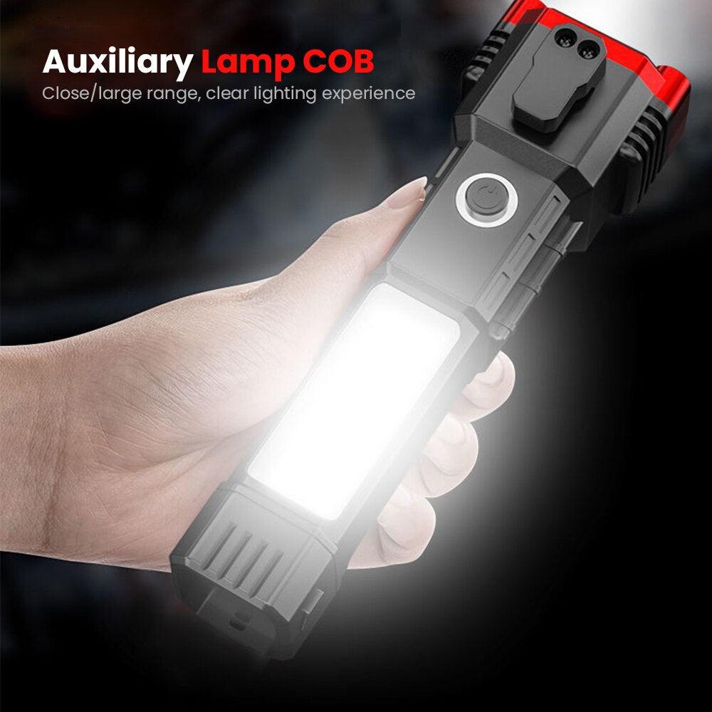 Multifunctional LED Flashlight with Safety Hammer Strong Magnet Side Light Rechargeable Portable Torch for Adventure Camping - Yiepp Store